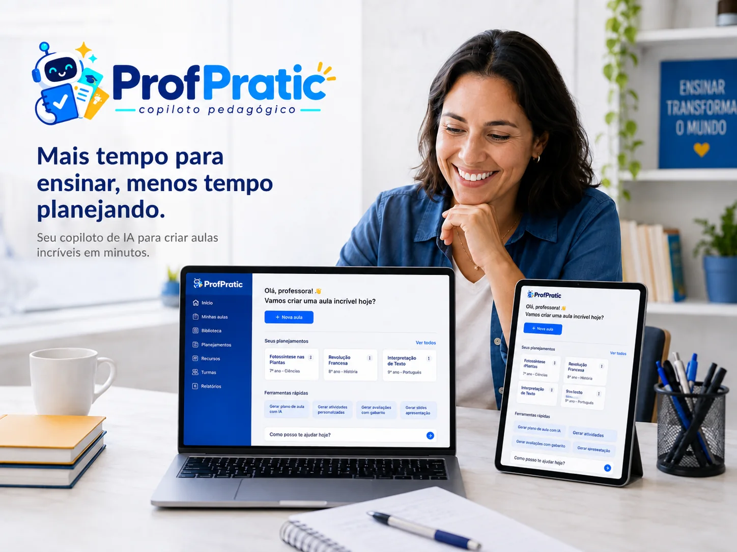 Professora usando o ProfPratic para preparar e organizar aulas